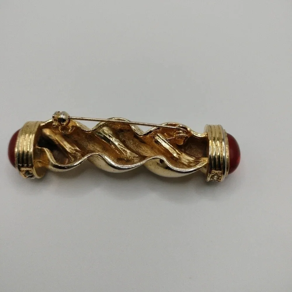 Gold Tone Twisted Chunky Bar Pin Red Cabochons Vintage Statement Brooch Scepter
